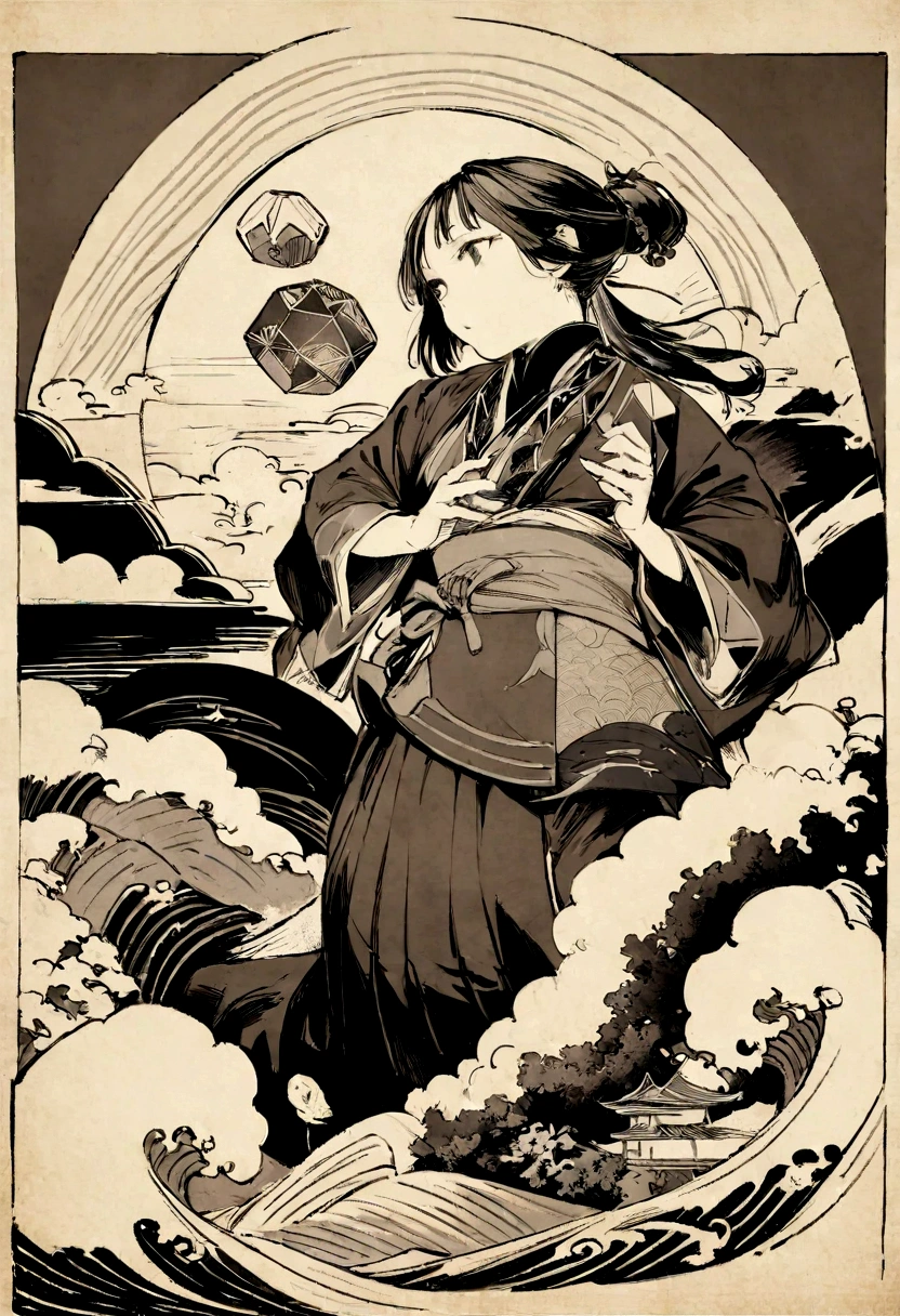best quality, very good, 16K,Extremely detailed, 2.5D, delicate and dynamic, Structural anatomy of Mount Xumi,Ukiyo-e and woodblock print styles, Modern artwork with classical craftsmanship, Complex and bizarre geometric shapes, Mysterious geometric shapes, beauty, Rich colors, Sepia tones, monochrome