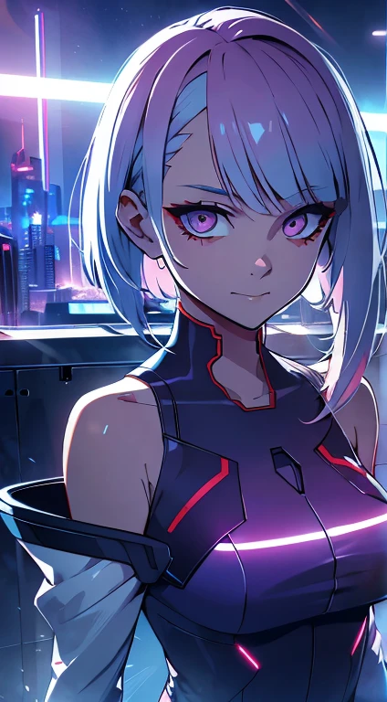 Ultra-realistic 8K CG,tmasterpiece,((Ultra detailed backgrounds,delicate patterns,Complicated details)),Best quality at best,very vey very detailed face,very detailed eyes and faces,Very detailed eyes , Lucy (cyberpunk edgerunners),O cabelo multicolorido,bangs,hair intakes,red-purple eye,smile at viewer , neon,(futuristic city:1.2),futuristc skyline, night sky ,rays of neon light ,Tyndall effect,Gradient_sky,the face,beautiful sky,captivating posture,(Large breasts:1.3),(cleavage:1.3),(Off-the-shoulder attire:1.5)