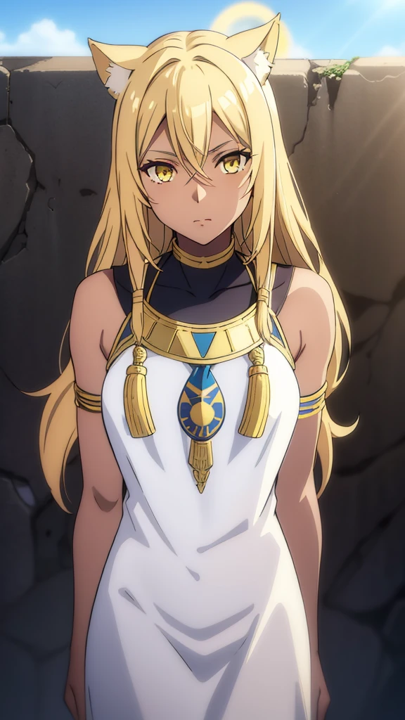 (1girl ,solo,20s,mature female),blonde hair,long hair,cat ears,yellow eyes,(((dark skin))),(Egypt, blue sky, sun),white egypt oufit,bare shoulders,looking at view,loved