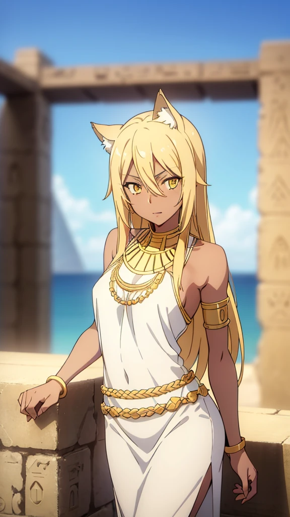 (1girl ,solo,20s,mature female),blonde hair,long hair,cat ears,yellow eyes,(((dark skin))),(Egypt, blue sky, sun),white egypt oufit,bare shoulders,looking at view,loved