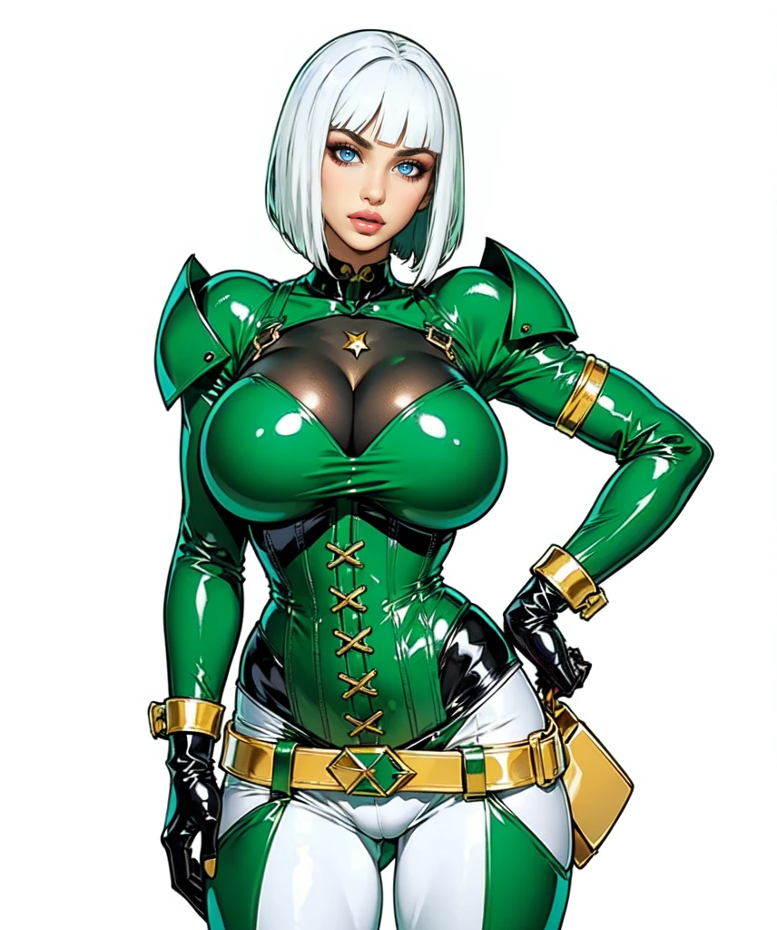 women, White bob Haircut, White blunt,green eyes, Green  latex bodysuit, Green latex Corset, big breast,gold cocker,Gold beld with gold Holster, green white Jeans, black long boots, standing 