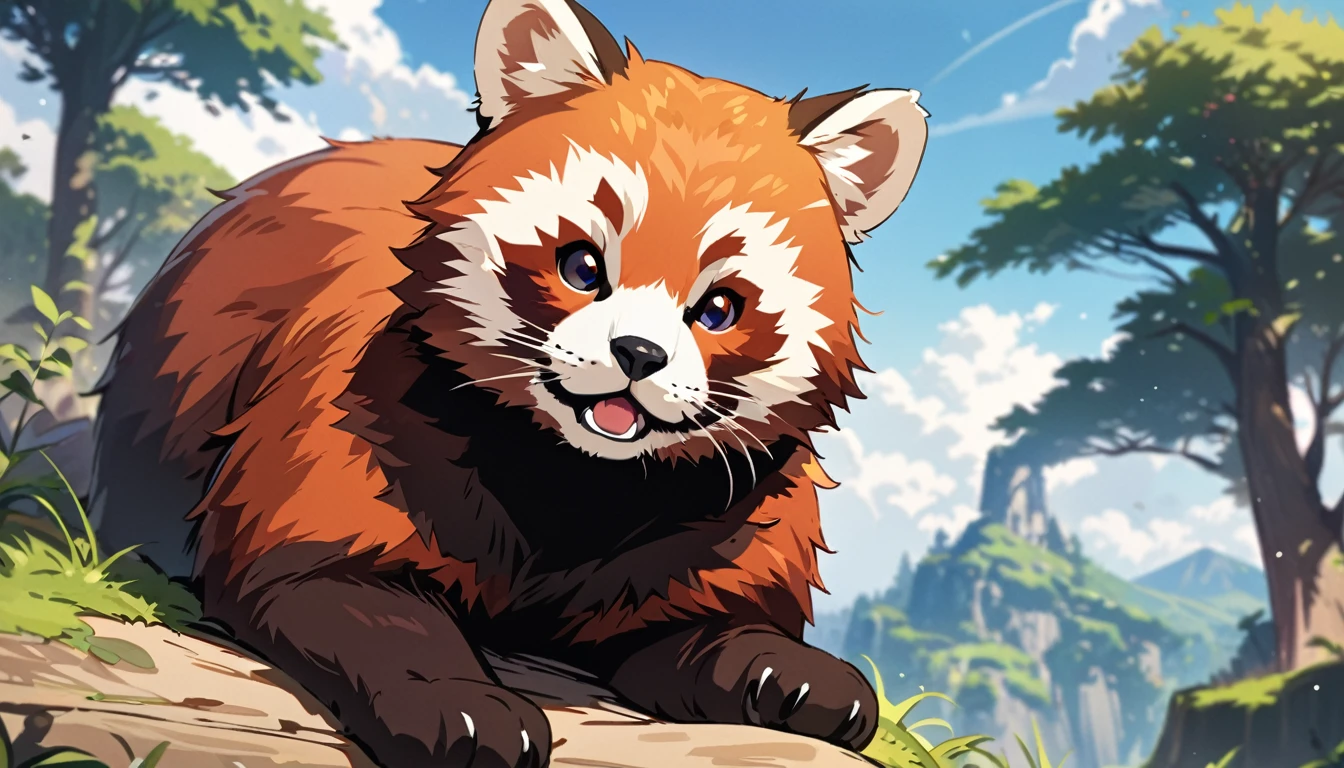 Solo, no humans, animals, red panda, animal-centered, masterpiece, highest quality, cute, detailed description, natural scenery, relaxing,sky