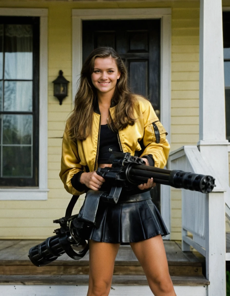 photo realistic , three 21 year old women, holding M124 minigun, smiling, full body in frame, smirking, full body image, two tone yellow and black satin bomber jackets fully zipped, , satin cheerleader skirts, with pistols guns on holster, walking up to a front porch in a rural neighborhood,, long hair, evening lighting.