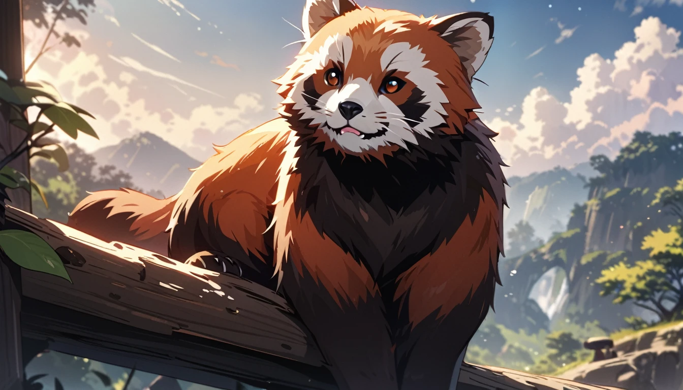 Solo, no humans, animals, red panda, animal-centered, masterpiece, highest quality, cute, detailed description, natural scenery, relaxing,sky