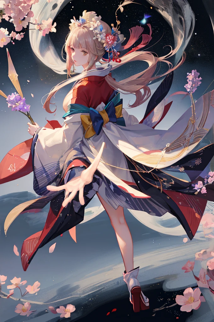  Ultra-delicate, Clear focus, (high resolution), Deformed depth of field blurred background, Detailed background, Perfect layer cutting, Atmospheric distance sense, artistic, (full-body shot/Cowboy shooting/Rear view/Top view/Top view), 8K, wallpaper, Micro light, complicated, familiar, black magician, particle, constellation, Stardust, universe, ((flower)), comfortable peace, peaceful, Japan, Himiko, kimono, With crystal, Fortune Telling, time and space