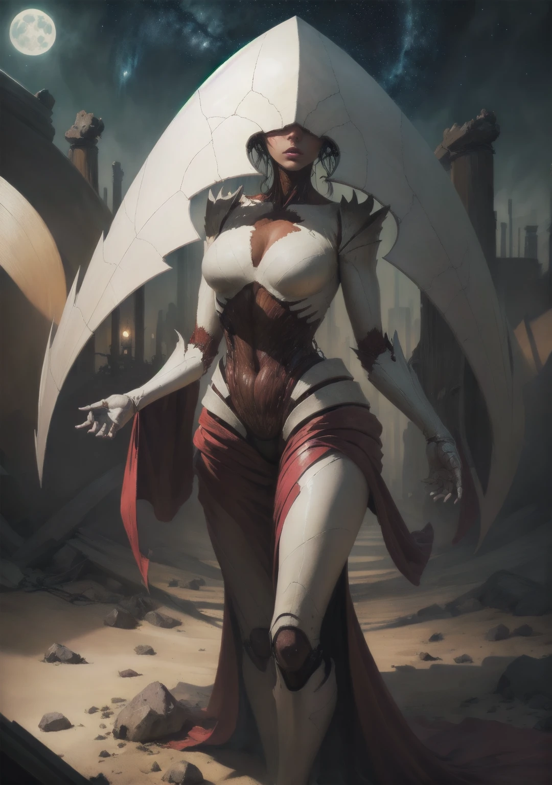 (masterpiece, best quality:1.4), elesh norn, mother of machines, phyrexia, 1girl, solo, moonlit landscape, desert, nighttime starry sky, standing in the moonlight, light shining down from above, breasts, female focus, beautiful illumination, intricate patterns, otherworldly atmosphere, dramatic lighting, cinematic composition, dark fantasy, digital art, concept art, hyper detailed, photorealistic, watercolor illustration, beautiful masterpiece painting, vivid colors