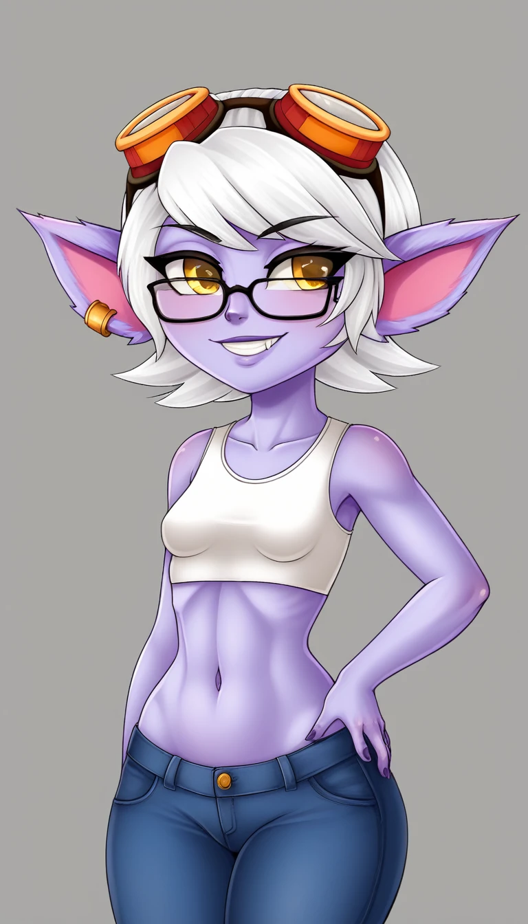 TristanaLoLXL, yordle, yellow eyes, pointy ears, by white, short hair, earrings, glasses on head, purple skin, colored skin. small breasts, White crop top, belly button, pantalon bluejeans