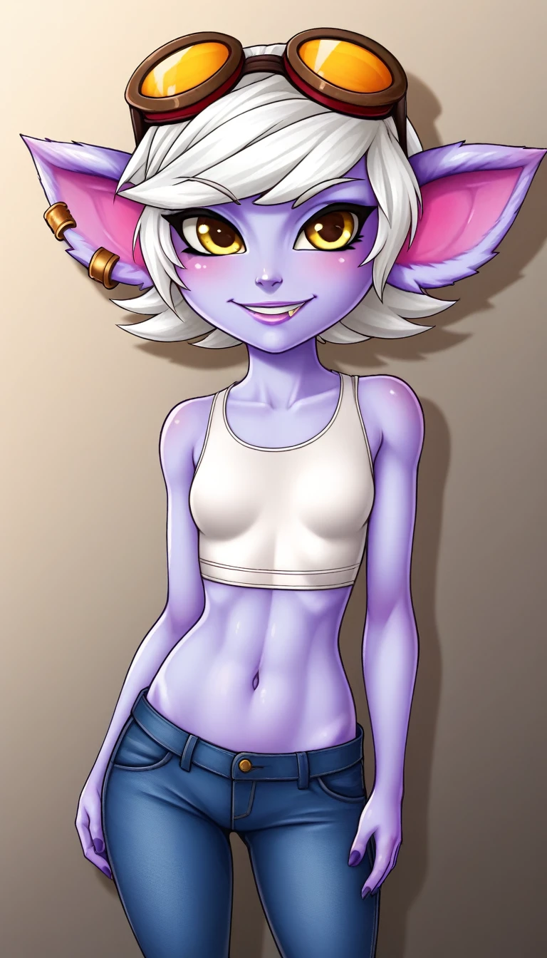 TristanaLoLXL, yordle, yellow eyes, pointy ears, by white, short hair, earrings, glasses on head, purple skin, colored skin. small breasts, White crop top, belly button, pantalon bluejeans