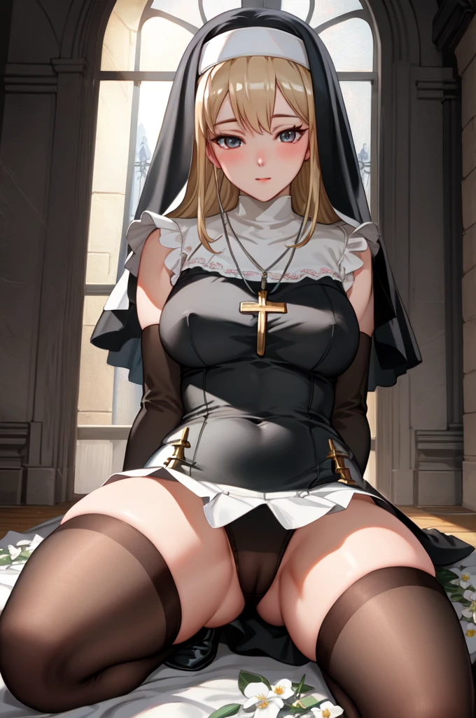 Ultra-realistic 8K CG, perfection, clean, masterpiece, Professional artwork, Famous works of art, Cinema Lighting, Cinematic Flowers, perfectionな顔, Beautiful Face, pray, Knee socks, Black gloves, Cross Necklace, Side slits, Nuns, stand、Spread your legs、between legs