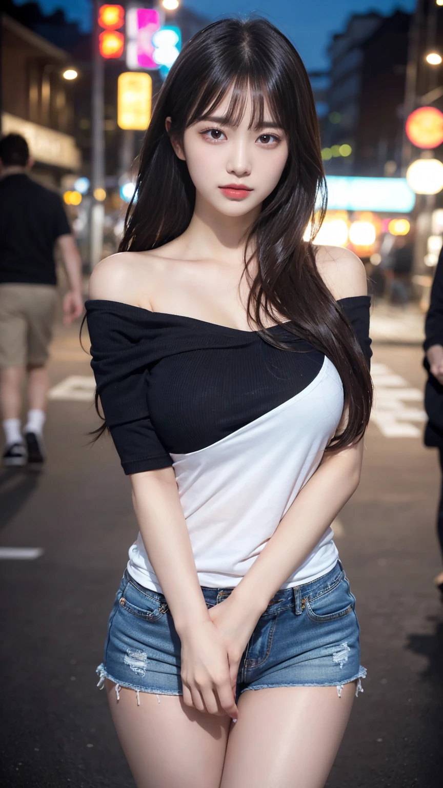 masterpiece, best quality, illustration, Super detailed, fine details, High resolution, 8K,wall paper, perfect dynamic composition,(Details High quality, realistic depiction of eyes:1.3), Off-shoulder t-shirt and denim mini shorts, ponytail, black hair color, Big Natural Color Lip, bold sexy pose, (perfect body shape), crying a little、cold gaze, Harajuku style、20 year old girl、beautiful legs, nightclub, at midnight, hposing Gravure Idol, Voluptuous thighs,