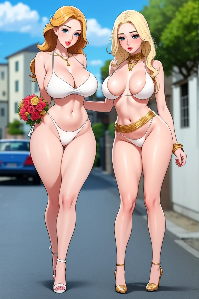 An extremely beautiful stunning busty woman, with gold blonde long silky hair, big blue eyes, extremely super bright snow white fair stunning flawless glowing lush shiny flawless white skin, a perfect tight hourglass figure, and a skinny waist, sexy thick smooth luscious legs and thighs, extremely cute smile on the face, bright pink blushes on cheeks, wearing a short sexy tight revealing white bikini with threads, yellow heels, gold necklace on the neck, gold anklets on feet, gold chain on the waist, standing straight, holding a red roses bouquet, beach in the background, show full body from head to feet.