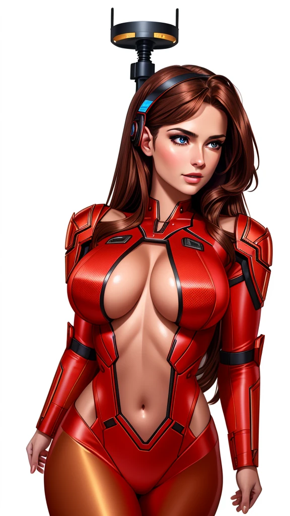 a gorgeous woman, brown hair, red bodysuit, navel, cleavage cutout, mechanical antenna interface headset, looking at viewer, photorealistic, 8k, hyperdetailed, dramatic lighting, cinematic, elegant, striking pose, intricate details, beautiful woman, realistic skin, beautiful eyes, sharp focus, vibrant colors, dynamic composition