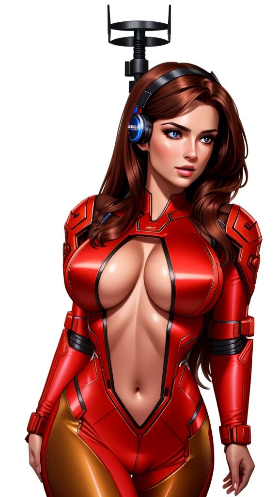 a gorgeous woman, brown hair, red bodysuit, navel, cleavage cutout, mechanical antenna interface headset, looking at viewer, photorealistic, 8k, hyperdetailed, dramatic lighting, cinematic, elegant, striking pose, intricate details, beautiful woman, realistic skin, beautiful eyes, sharp focus, vibrant colors, dynamic composition