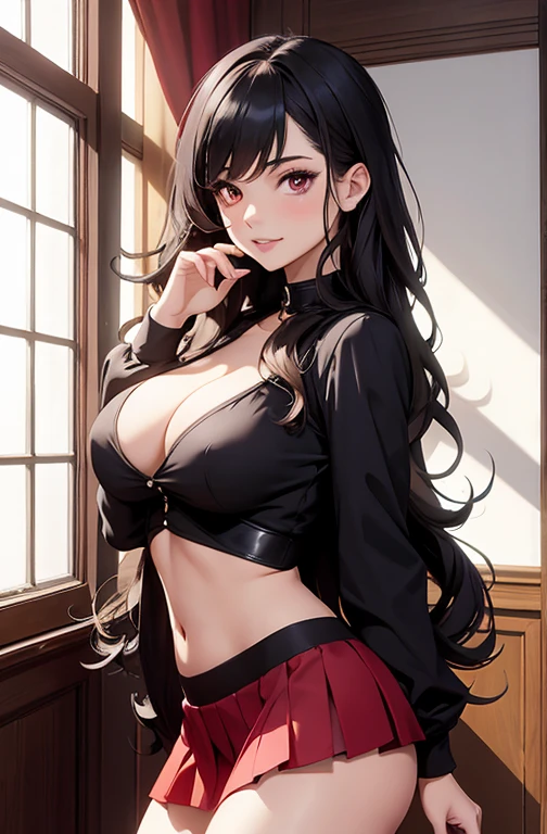 masterpiece, best quality, best lighting, shadows, portrait, perfect anatomy, 1 girl, adult anime girl, 21 years old, allure, erotic, mature features, pretty face, pretty lips, pretty eyes, black wavy hair, red eyes, seductive eyes, blushing, flirty, pretty smile, huge ass, breast, thighs, seductive, spicy, hot, flirty, crop top, tiny skirt, nsfw,