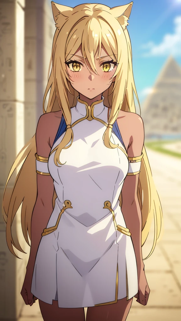 (1girl ,solo,20s,mature female),blonde hair,long hair,cat ears,yellow eyes,(((dark skin))),(Egypt, blue sky, sun),white egypt oufit,bare shoulders,looking at view,loved,blush