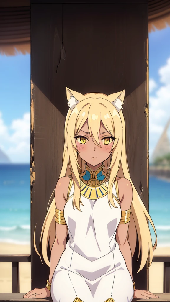 (1girl ,solo,20s,mature female),blonde hair,long hair,cat ears,yellow eyes,(((dark skin))),(Egypt, blue sky, sun),white egypt oufit,bare shoulders,looking at view,loved,blush
