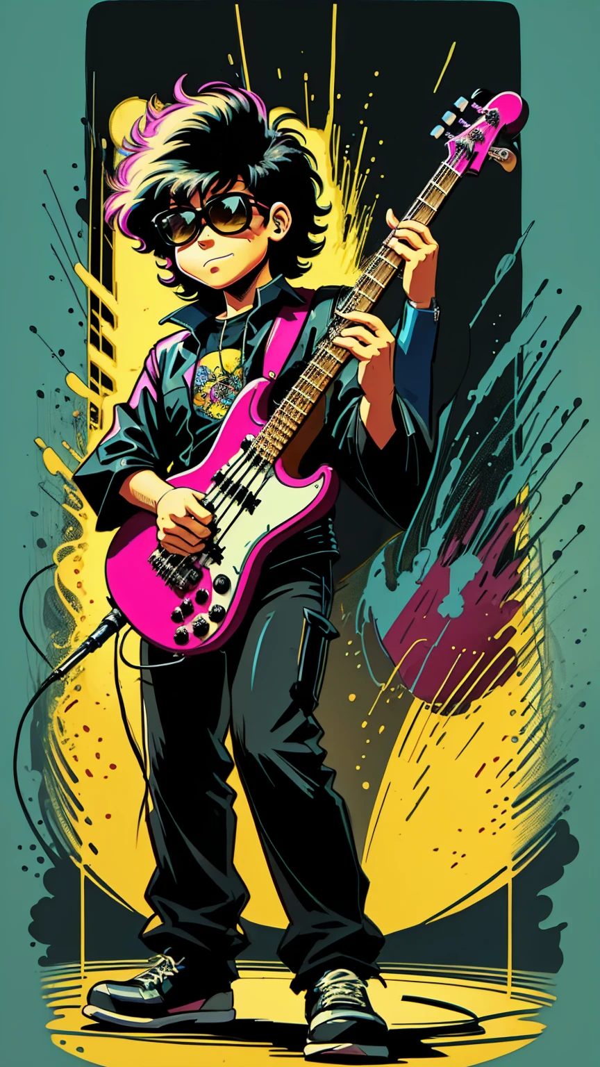 80s bassist drawn cartoon style in black colors