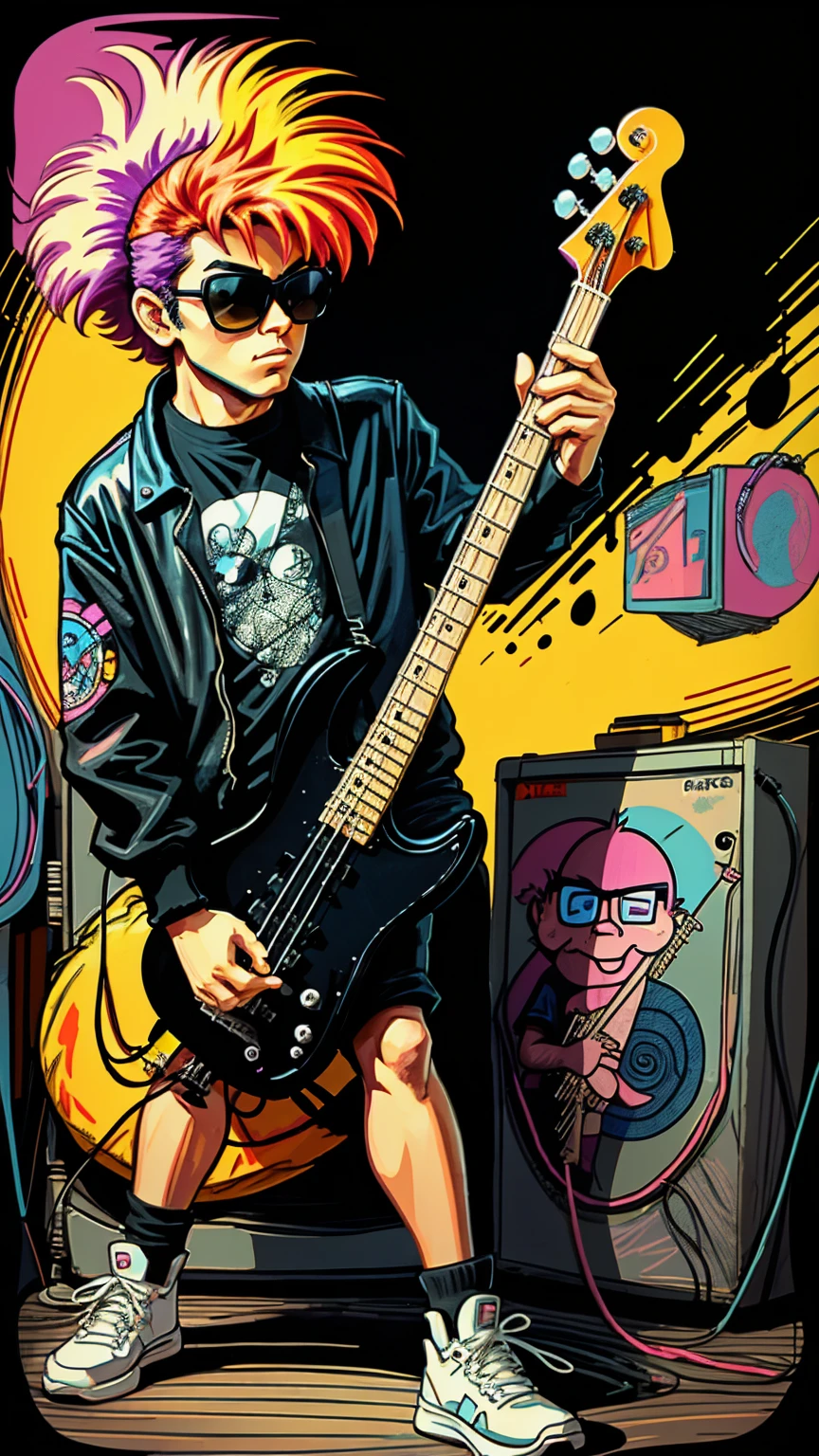 80s bassist drawn cartoon style in black colors