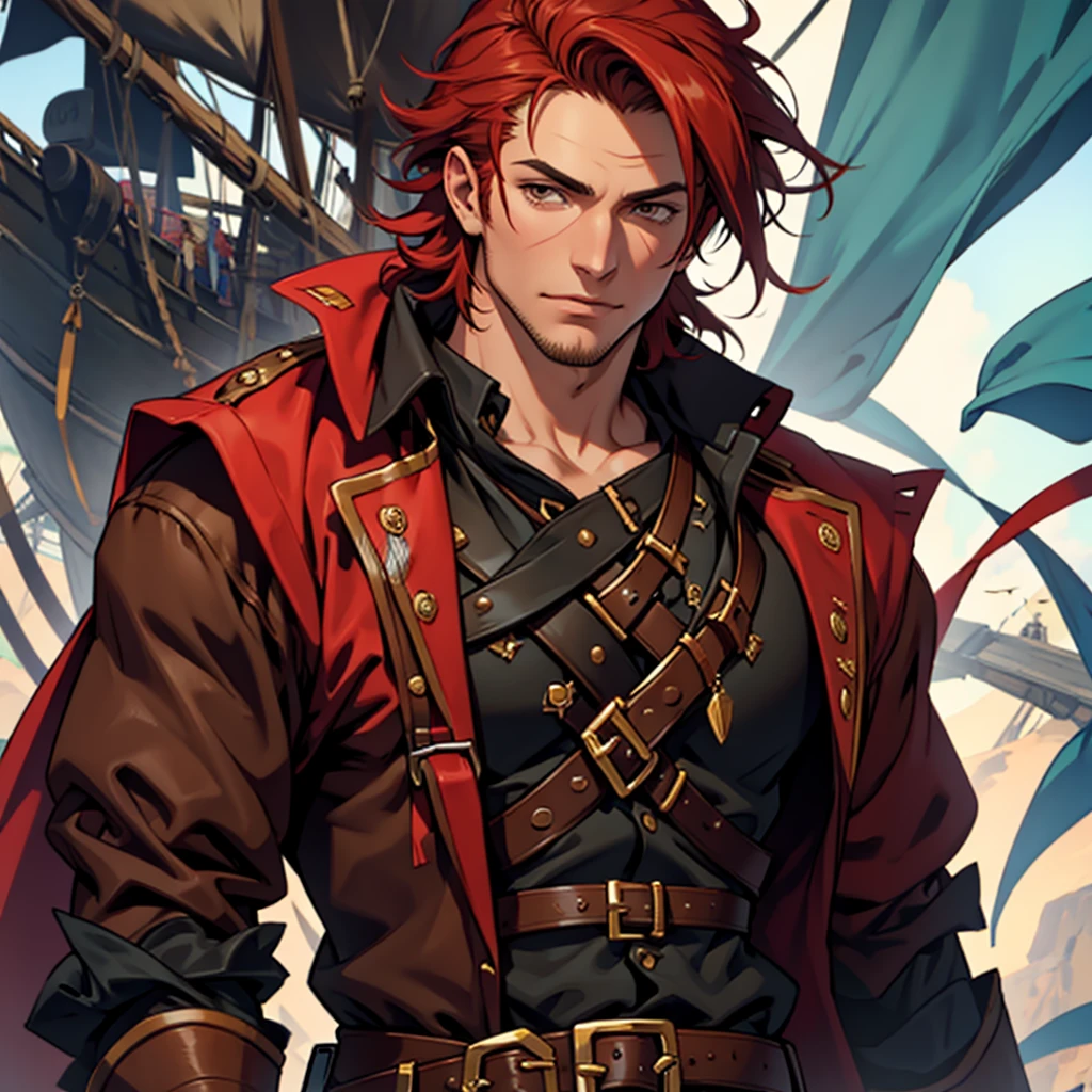 Male, reddish hair, brown eyes, highly detailed, pirate, detailed background