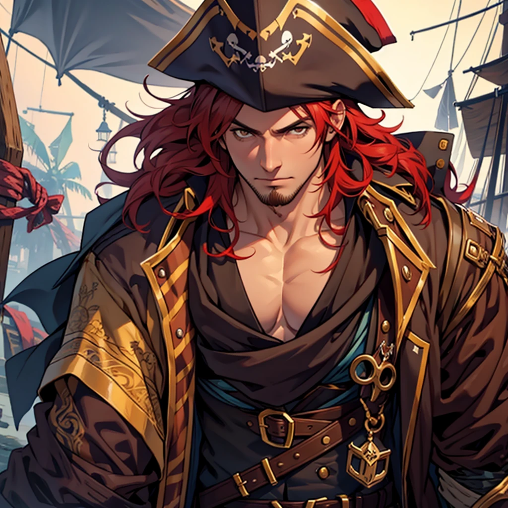 Male, reddish hair, brown eyes, highly detailed, pirate, detailed background 