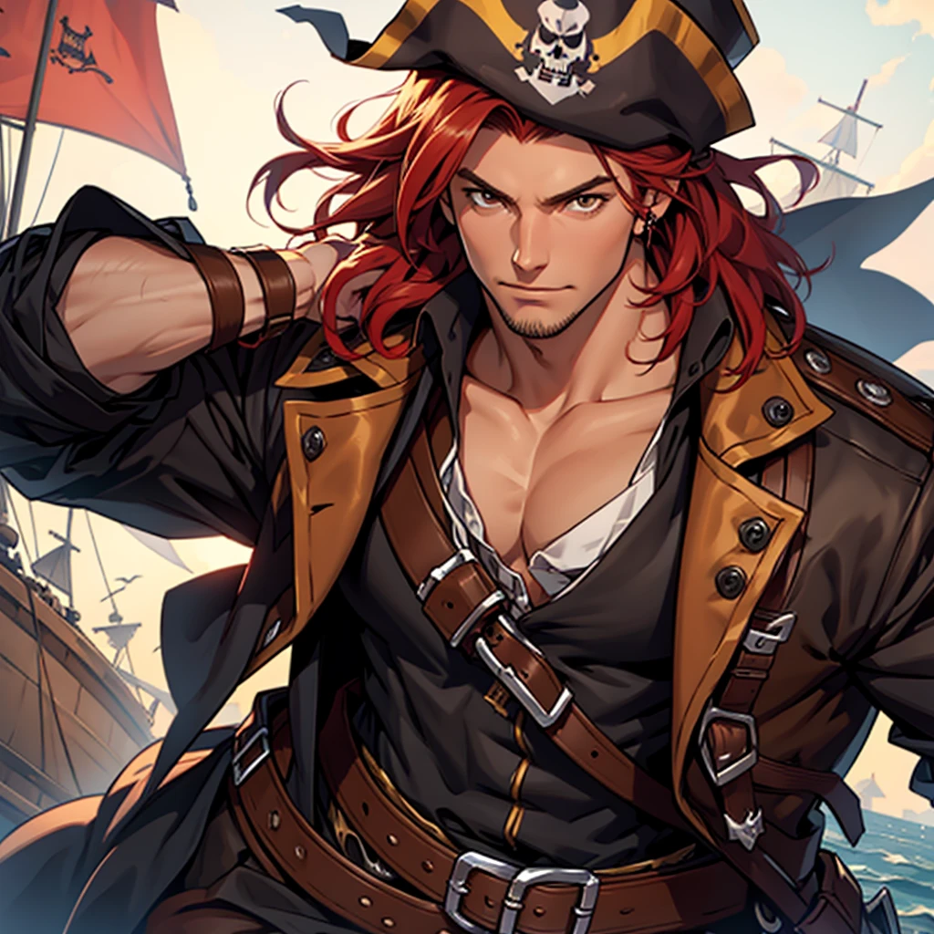 Male, reddish hair, brown eyes, highly detailed, pirate, detailed background