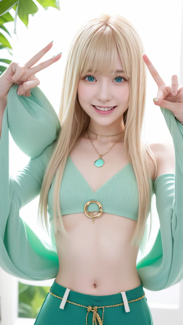 pale blonde teenage girl with bangs long silky and soft hair blue-green eyes with white crop top and green pants wearing two bright white necklaces taking a photo making the peace sign and smiling with her pink cheeks and eyeliner