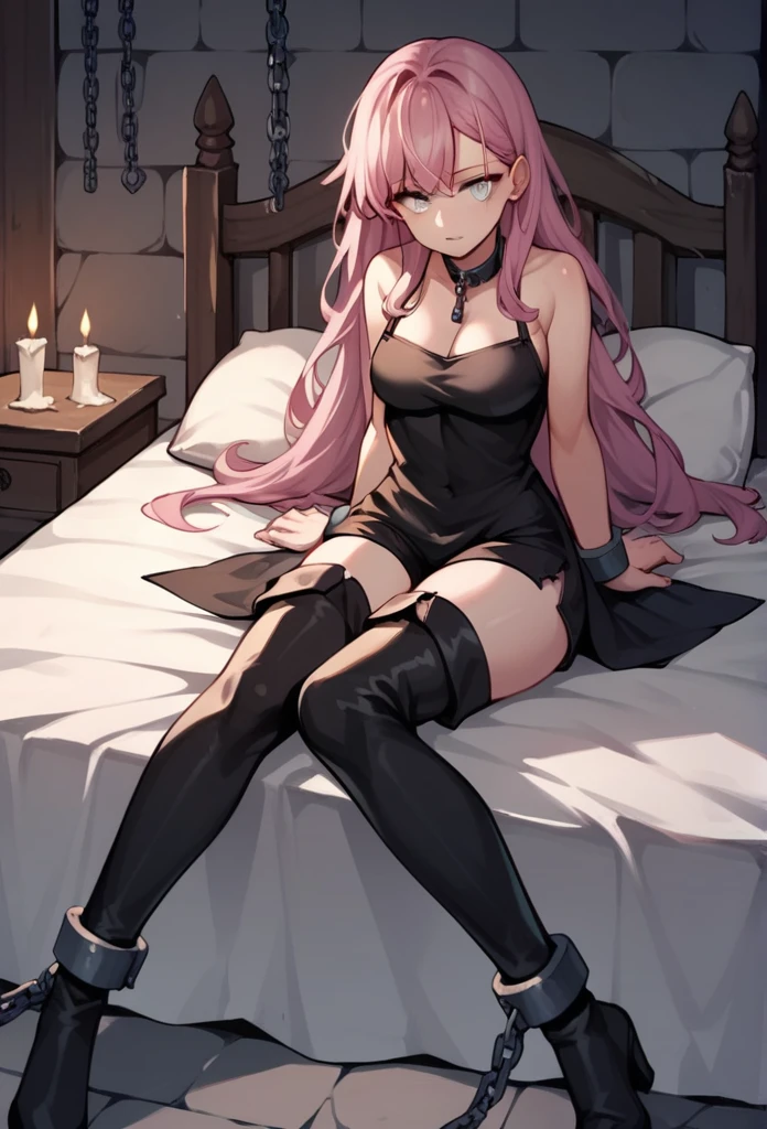 score_9, score_8_up, score_7_up, score_6_up, score_5_up, score_4_up, source_anime, 1 woman ,bed, pink hair, long hair, white eyes, w-w-chain, shackles, loose hair, black dress,shorts,black thigh boots,night, candles, key from the shackles, dungeon, best quality, best res, 4K UHD,