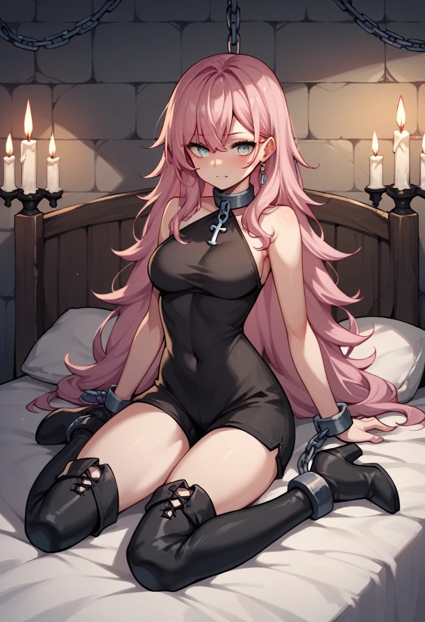 score_9, score_8_up, score_7_up, score_6_up, score_5_up, score_4_up, source_anime, 1 woman ,bed, pink hair, long hair, white eyes, w-w-chain, shackles, loose hair, black dress,shorts,black thigh boots,night, candles, key from the shackles, dungeon, best quality, best res, 4K UHD,
 