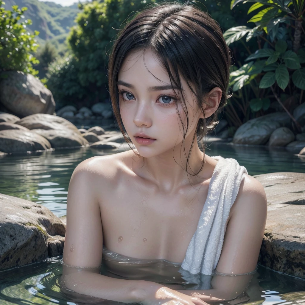 a young boy in a towel bathing in a hot spring, detailed facial features, detailed eyes, detailed lips, detailed skin, detailed hair, beautiful detailed eyes, beautiful detailed lips, extremely detailed eyes and face, longeyelashes, beautiful water effects, soft lighting, serene atmosphere, photorealistic, high resolution, cinematic, natural colors, peaceful, tranquil, realistic, beautiful scenery, intricate background, natural lighting, calm mood, serene landscape, steaming hot spring, lush foliage, beautiful rocks, detailed reflections, realistic water, detailed textures, (best quality,4k,8k,highres,masterpiece:1.2),ultra-detailed,(realistic,photorealistic,photo-realistic:1.37)