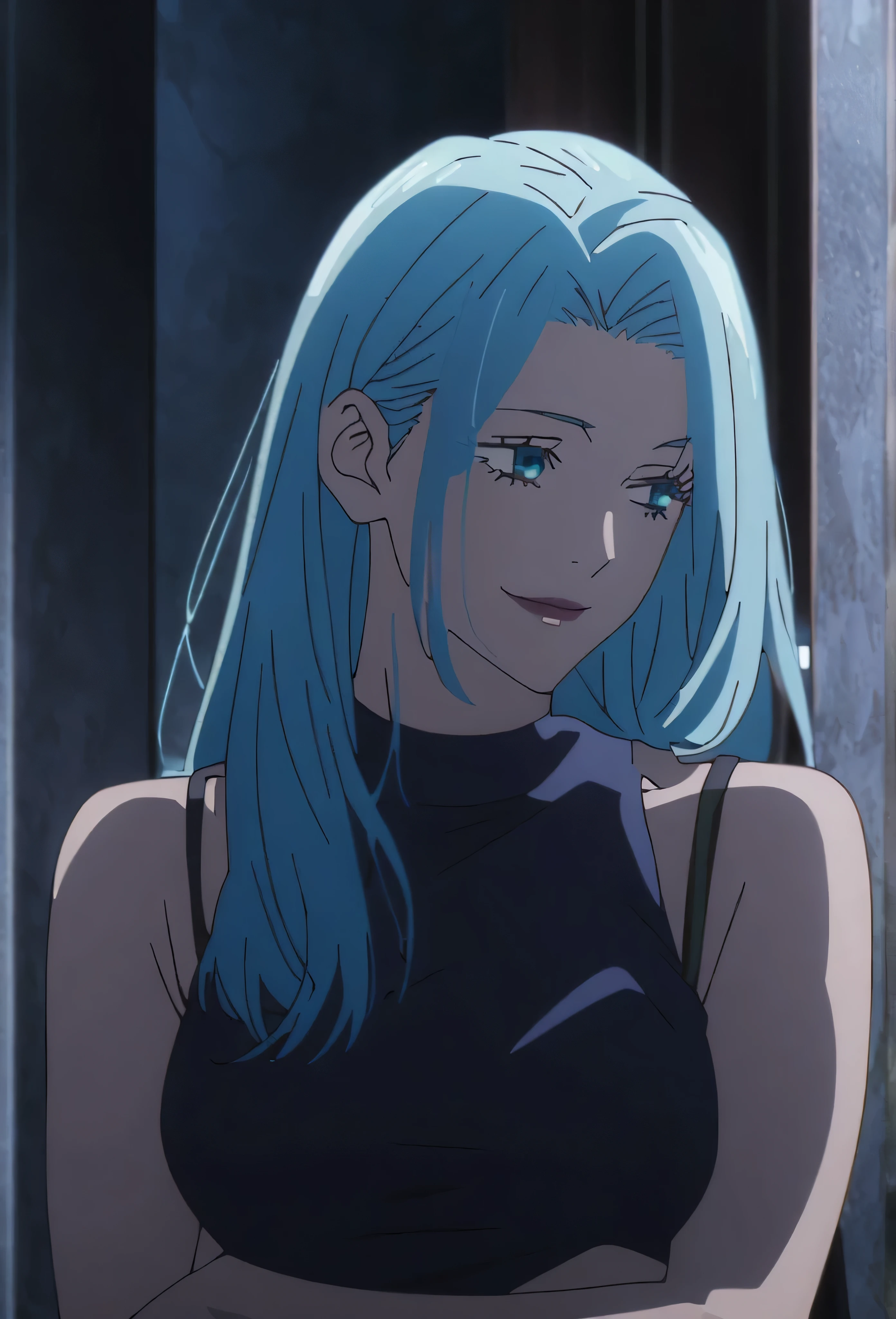 1girl, female gojo satoru, anime screencap from jujutsu kaisen, gojo satoru female version, solo, long_hair, Blue eyes ((Blue_hair)), night view, breasts, upper_body, smile, indoors, book, bangs, red_eyes, lips, (slicked back)) wearing an elegant blue dress with thin straps, breast, "very detailed and high resolution" (Blue eyes) ((cross arms)) ((long hair)) ((solo)) (front view)