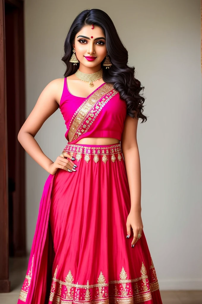 A man withIndian girl beautiful face with lipstick wear Indian dress full body pose in front of camera realistic masterpiece image