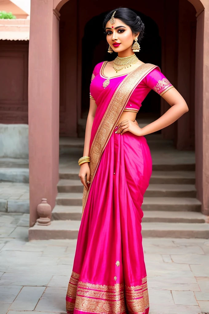 A man withIndian girl beautiful face with lipstick wear Indian dress full body pose in front of camera realistic masterpiece image