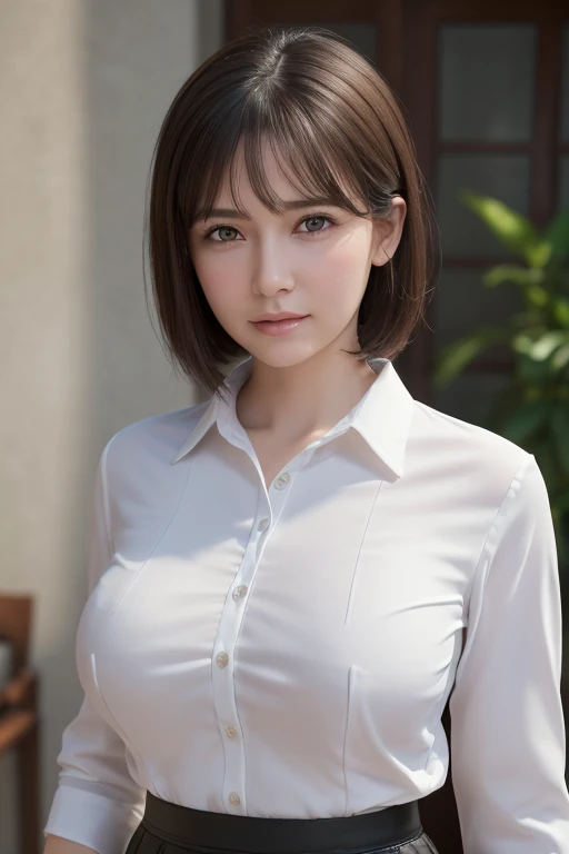 ((Highest quality)), Realistic, Photorealism, Realistic, High resolution, beautiful, Baby Face, Woman in her 30s, White skin, Looking into the camera, (Detailed face), short hair, (Wearing a white collared blouse, Black tight skirt),(Huge breasts:1.2), Highest quality, 超High resolution, (Realistic:1.4), short hair(Black Hair:1)