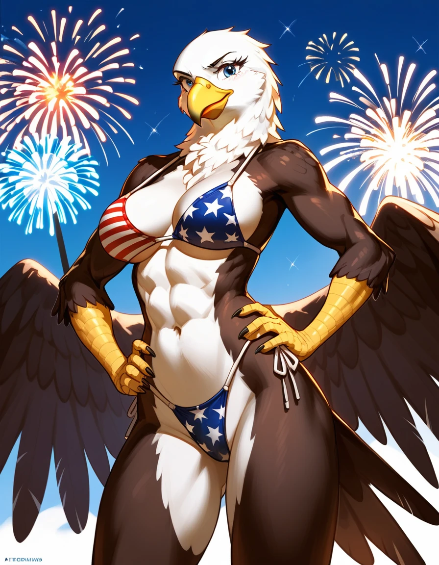 score_9,score_8_up,score_7_up, source_furry, an Anthro avian bald eagle, female, tall, athletic body, wearing a bikini with the American flag design on it, bird arm texture, blue eyes, hands on her hips, fireworks behind her
