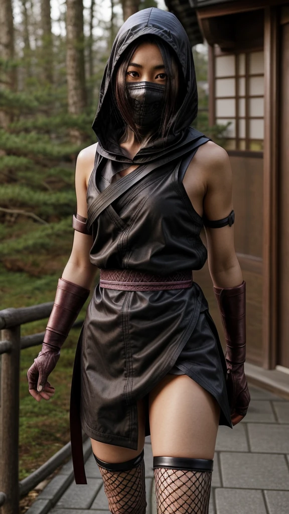 female shinobi with shoulder armor, asian, long black hair, brown eyes, hooded, fishnets, ninja garb, sakura background, japan