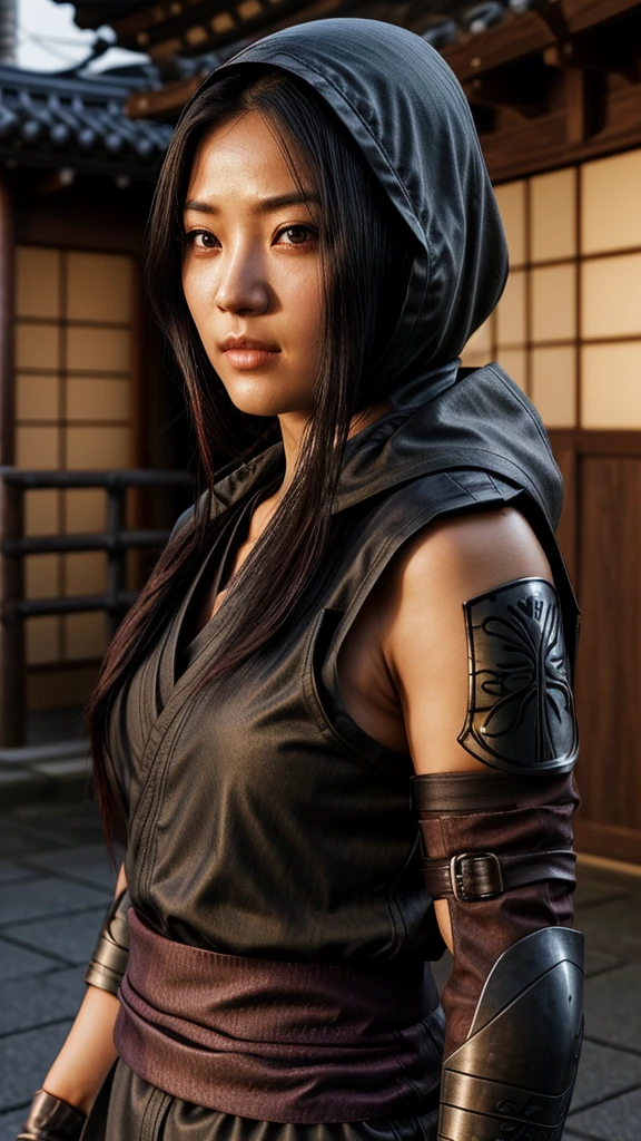 female shinobi with shoulder armor, asian, long black hair, brown eyes, hooded, fishnets, ninja garb, sakura background, japan