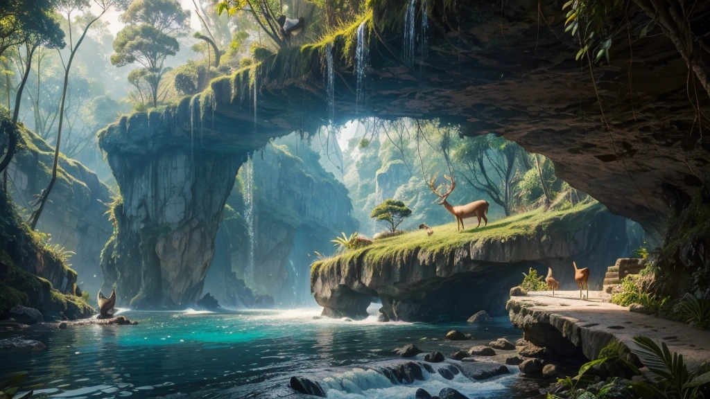 arafed image of a cave with a deer and a bird in it, bali, natural landscape, website, nature landscape, adventure, best on adobe stock, jungle nature, nature documentary, majestic nature scenery, tourist destination, on textured base; store website, full of nature, website banner, nature show, nature background, incredible creative screenshot, nature