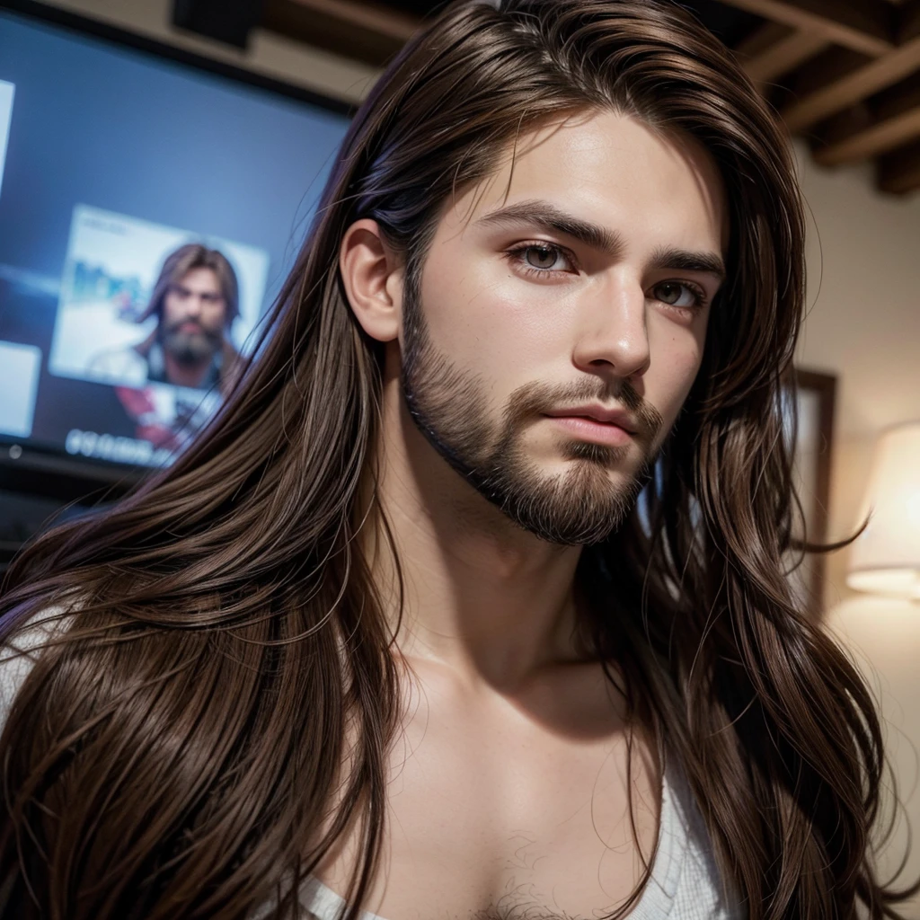 Create a gamer-style character with brown eyes and brown hair, medium long beard 