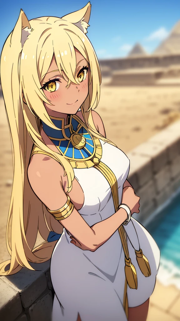 (1girl ,solo,20s,mature female),blonde hair,long hair,cat ears,yellow eyes,(((dark skin))),(Egypt, blue sky, sun),white egypt oufit,bare shoulders,looking at view,loved,blush,smile