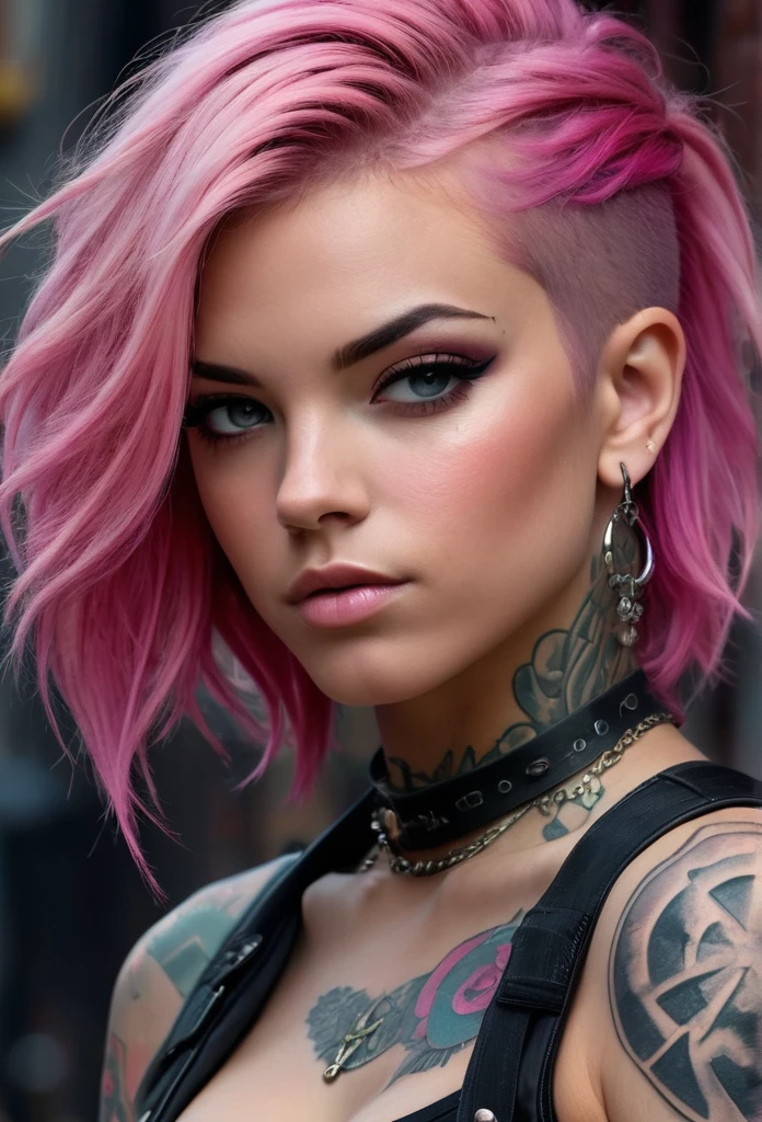close up portrait of a punk pink hair girl with tattoos, in the style of digital art techniques,, joe madureira, uhd image, dark and brooding designer, michael malm, fantastical street