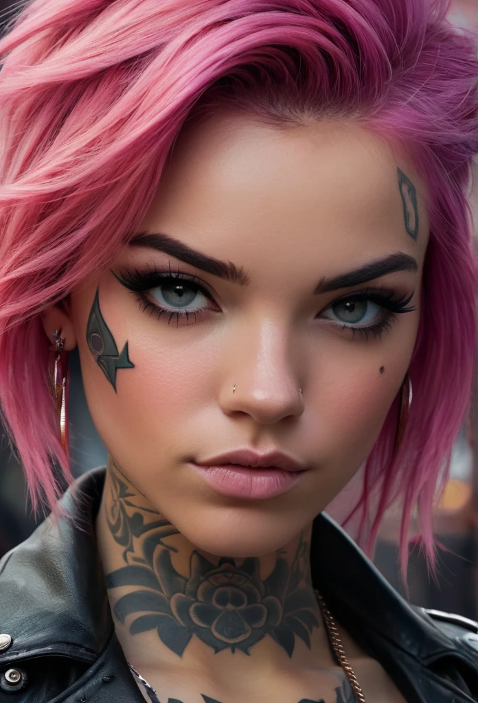 close up portrait of a punk pink hair girl with tattoos, in the style of digital art techniques,, joe madureira, uhd image, dark and brooding designer, michael malm, fantastical street