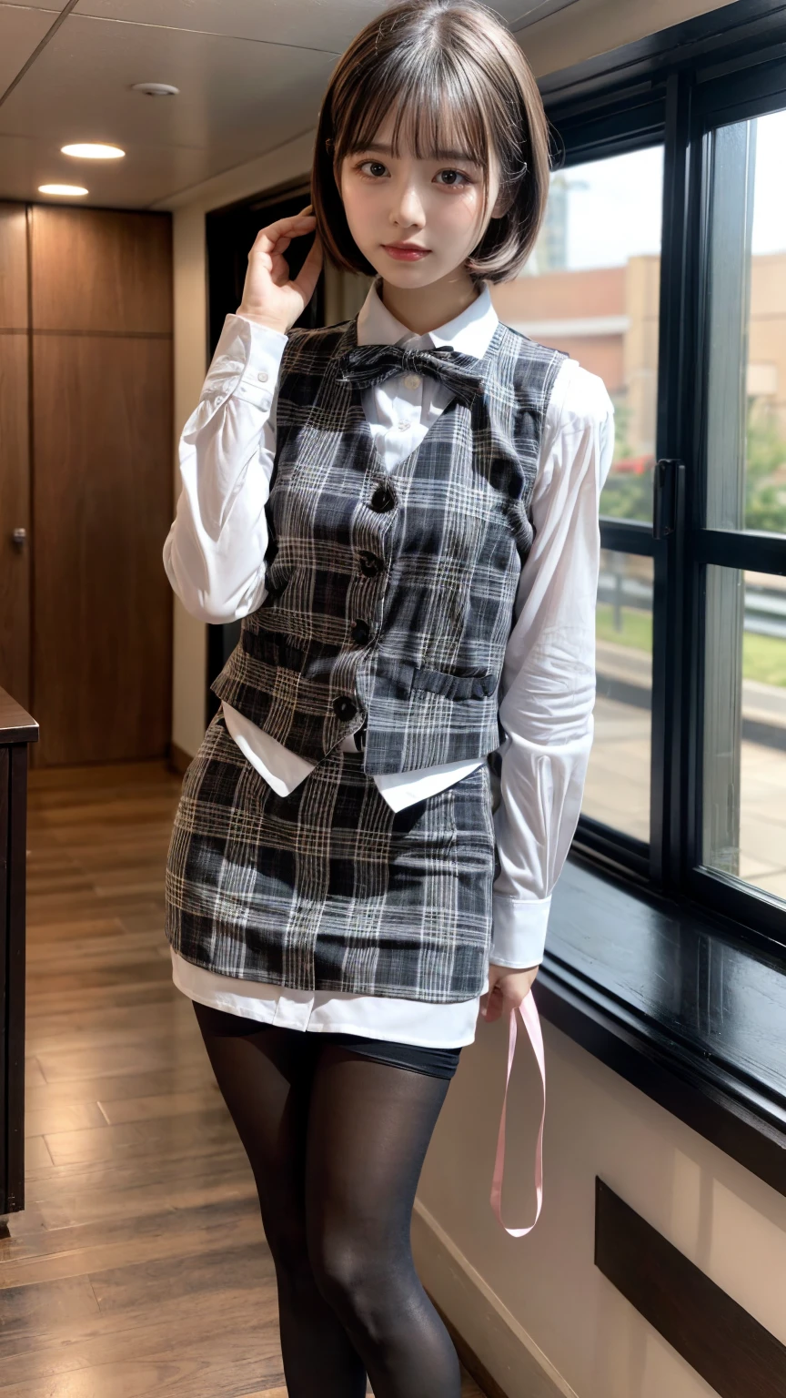 (8K, RAW Photos, Highest quality, masterpiece:1.2), (professional photography, full colors, studio-caliber color grading), (Gravure quality for high-end fashion magazines),  BREAK,18 year old girl, short bob hair, crying a little, Harajuku style, Big Natural Color Lip, (Plumpy body:1.2), (smooth skin:1.1), (huge breasts:1.0),  BREAK (white and gray theme:1.3), (wearing a [[white and gray plaid pattern]] vest over a long sleeve white collared-shirt:1.4), (buttoned gray vest:1.2),
BREAK (pink theme:1.2), (pink ribbon bow:1.3),
BREAK (black theme:1.4 (tight black pencil skirt:1.5 (pantyhose:1.3 (high heels:1.1 BREAK sexy pose, standing
