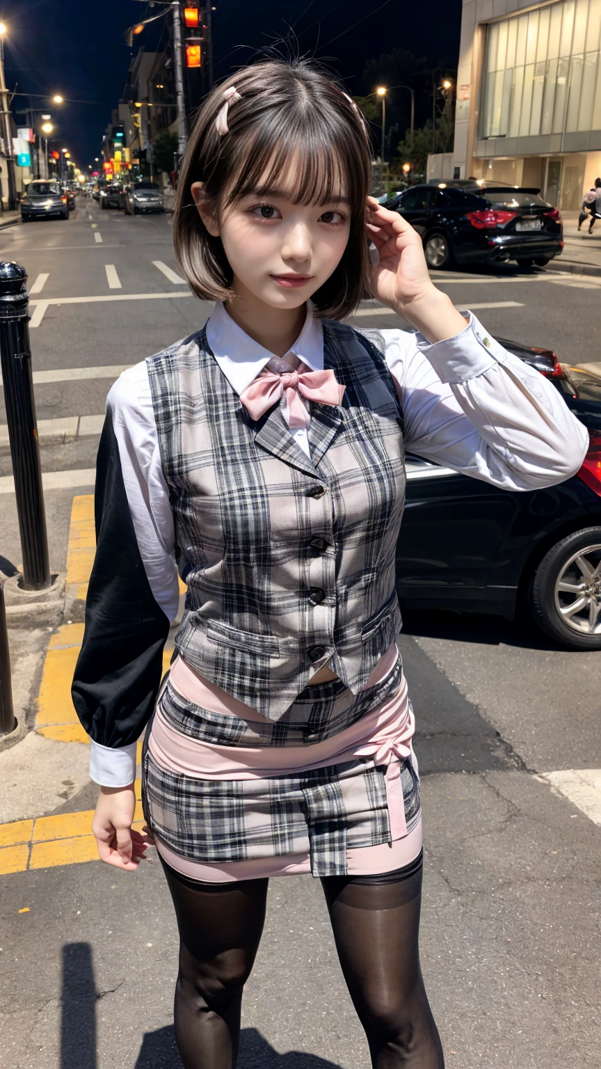 (8K, RAW Photos, Highest quality, masterpiece:1.2), (professional photography, full colors, studio-caliber color grading), (Gravure quality for high-end fashion magazines),  BREAK,18 year old girl, short bob hair, crying a little, Harajuku style, Big Natural Color Lip, (Plumpy body:1.2), (smooth skin:1.1), (huge breasts:1.0),  BREAK (white and gray theme:1.3), (wearing a [[white and gray plaid pattern]] vest over a long sleeve white collared-shirt:1.4), (buttoned gray vest:1.2),
BREAK (pink theme:1.2), (pink ribbon bow:1.3),
BREAK (black theme:1.4 (tight black pencil skirt:1.5 (pantyhose:1.3 (high heels:1.1 BREAK sexy pose, standing