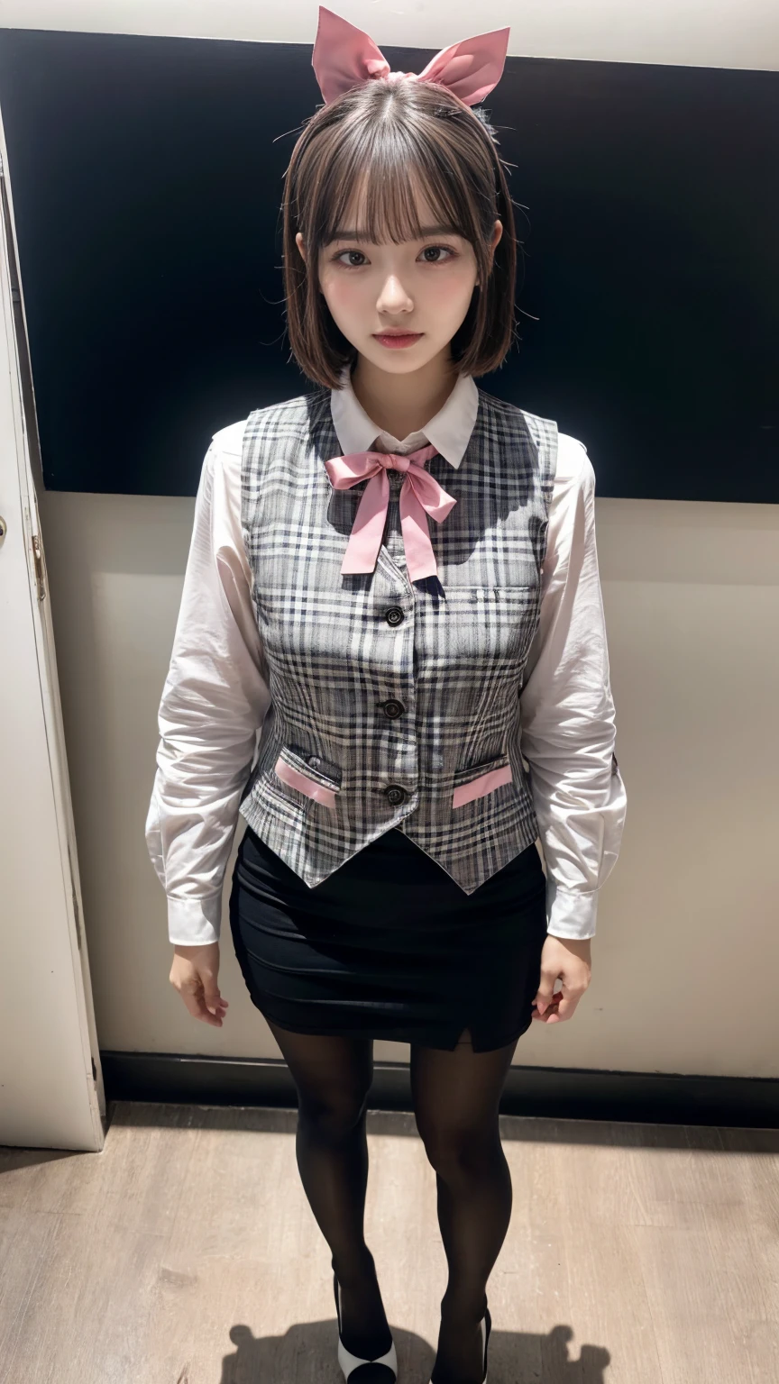 (8K, RAW Photos, Highest quality, masterpiece:1.2), (professional photography, full colors, studio-caliber color grading), (Gravure quality for high-end fashion magazines),  BREAK,18 year old girl, short bob hair, crying a little, Harajuku style, Big Natural Color Lip, (Plumpy body:1.2), (smooth skin:1.1), (huge breasts:1.0),  BREAK (white and gray theme:1.3), (wearing a [[white and gray plaid pattern]] vest over a long sleeve white collared-shirt:1.4), (buttoned gray vest:1.2),
BREAK (pink theme:1.2), (pink ribbon bow:1.3),
BREAK (black theme:1.4 (tight black pencil skirt:1.5 (pantyhose:1.3 (high heels:1.1 BREAK sexy pose, standing
