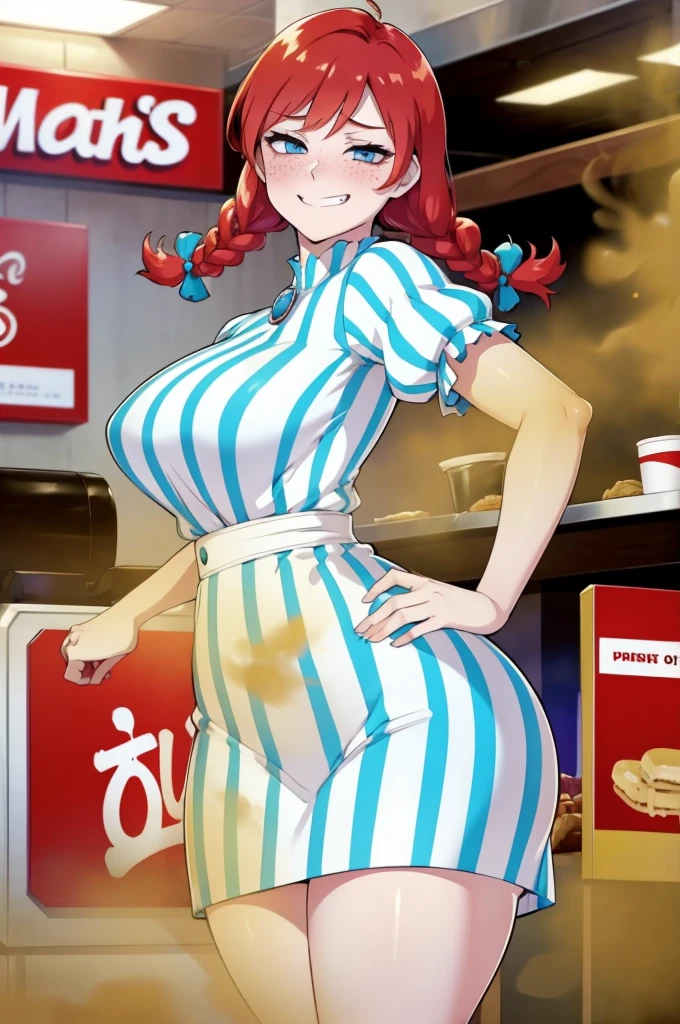 HD, solo, 1female, wendy's, pale skin , striped dress, striped full sleeves, red hair, twin braids, sexy body, tall and skinny, farting, massive fart, yellow smoke rising, relieved face, bend over, smiling, clenching teeth, blush, alone in a food court, customers around, heart signs