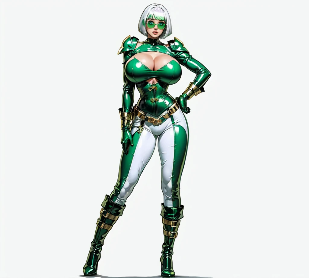 women, White bob Haircut, White blunt,violet sunglasses, green shoulder polster,Green latex bodysuit, Green latex Corset, big breast,gold cocker,Gold beld with gold Holster, green white Jeans, black long boots, standing