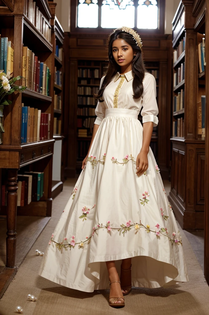 Fashion long runway dress in a heavenly Oxford library worn by a south asian girl. The girl has flowers and pearl in her hair.
