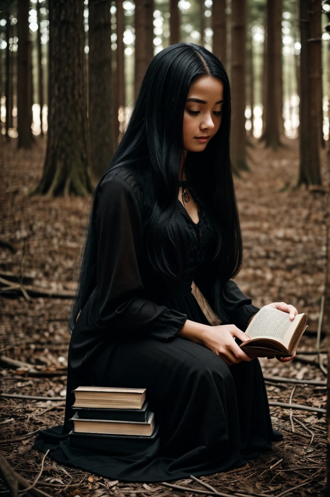A girl kneeling on her front dressed in a black dress with long white hair and her hands on the floor with an old book in her hands , in the background a dark forest 