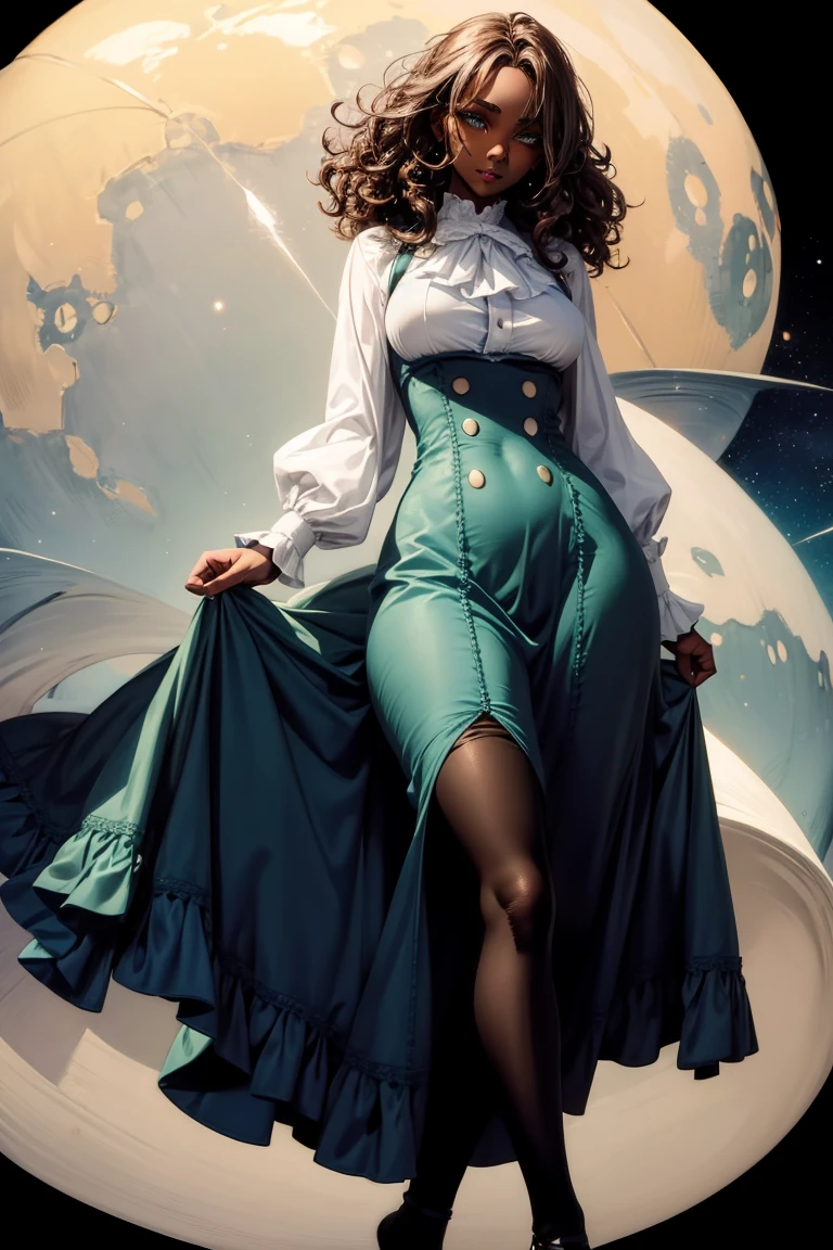masterpiece, absurdres, 1girl, cowboyshot, tachi-e, mature woman, best aesthetics, medium breasts, wide hips, thick thighs, dark brown hair, curly hair, textured hair, hip-length hair, narrow eyes, dark skin, ankle-length dress, arched nose, soft shading, very detailed face, clean lines, dynamic pose, anatomically correct, hyperdetailed, beautiful lighting, dark atmosphere, dark eyeshadow, good makeup, detailed hair, green eyes, sparkling eyes, telescope, magic, fantasy, medieval, high fantasy, black stockings, comfy, cozy, tareme, medium chest, SFW, long dress, arms behind back, outdoors, constellations in sky, stargazing