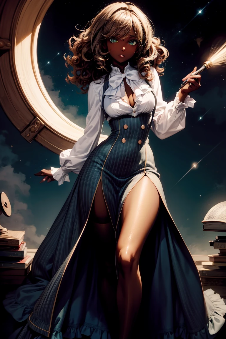 masterpiece, absurdres, 1girl, cowboyshot, tachi-e, mature woman, best aesthetics, medium breasts, wide hips, thick thighs, dark brown hair, curly hair, textured hair, hip-length hair, narrow eyes, dark skin, ankle-length dress, arched nose, soft shading, very detailed face, clean lines, dynamic pose, anatomically correct, hyperdetailed, beautiful lighting, dark atmosphere, dark eyeshadow, good makeup, detailed hair, green eyes, sparkling eyes, telescope, magic, fantasy, medieval, high fantasy, black stockings, comfy, cozy, tareme, medium chest, SFW, long dress, arms behind back, outdoors, constellations in sky, stargazing